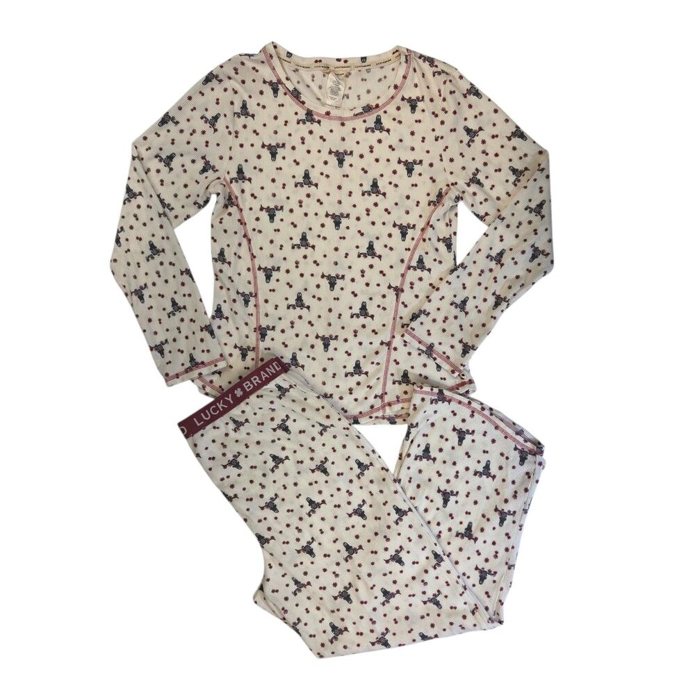 Lucky Brand Waffle Knit Pajama Set Women XL Cowgirl Bull Skull Longhorn Western